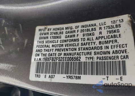2014 Honda Civic Lx from USA, damaged, VIN 19XFB2F52EE006562